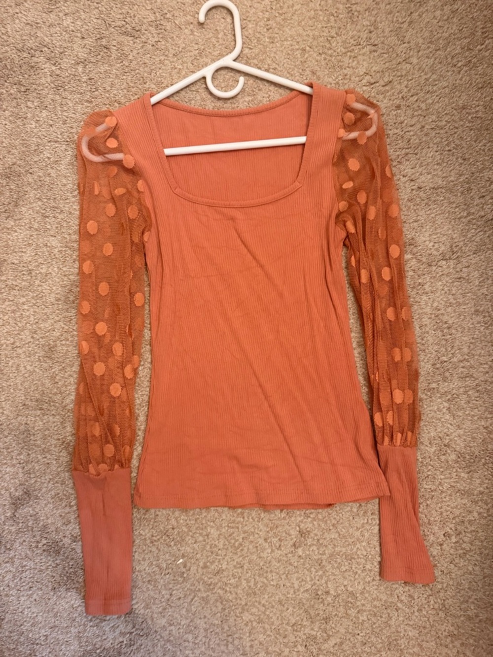 Amazon Women's Rust Orange Square Neck Long Sleeve Top with Polka Mesh Sleeves